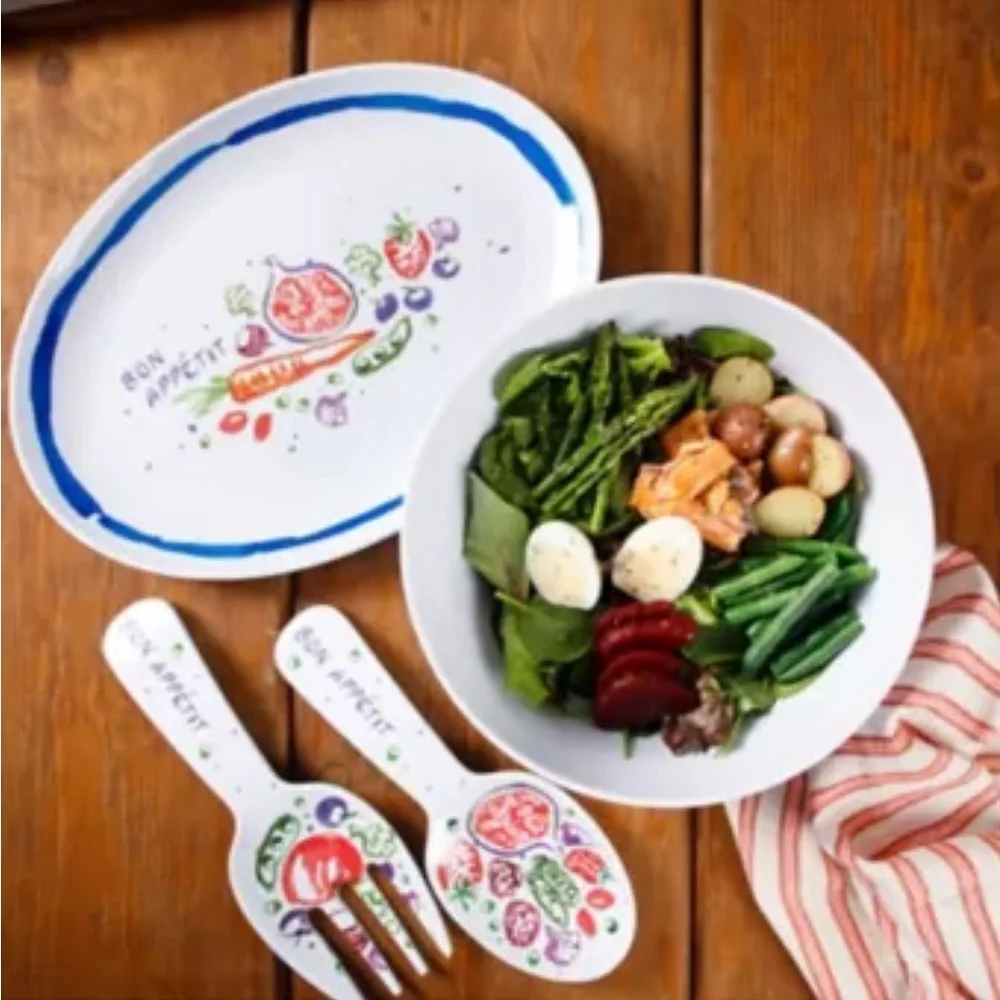 NIB Sur la Table Melamine 4-piece Serving Set w/ Platter, Salad Bowl & Utensils
